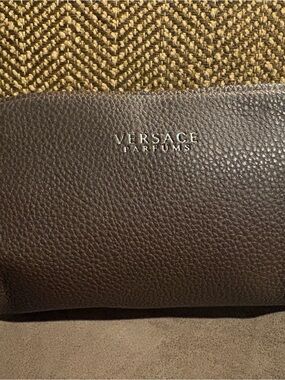 Versace Parfums Dark Brown Pebbled Leather Toiletry Bag